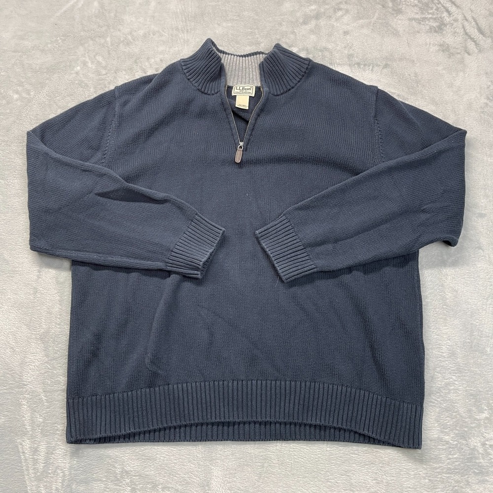 L.L. Bean Sweater Mens XXL Blue Tight Knit Ribbed Mock Neck 1/4 Zip Pullover